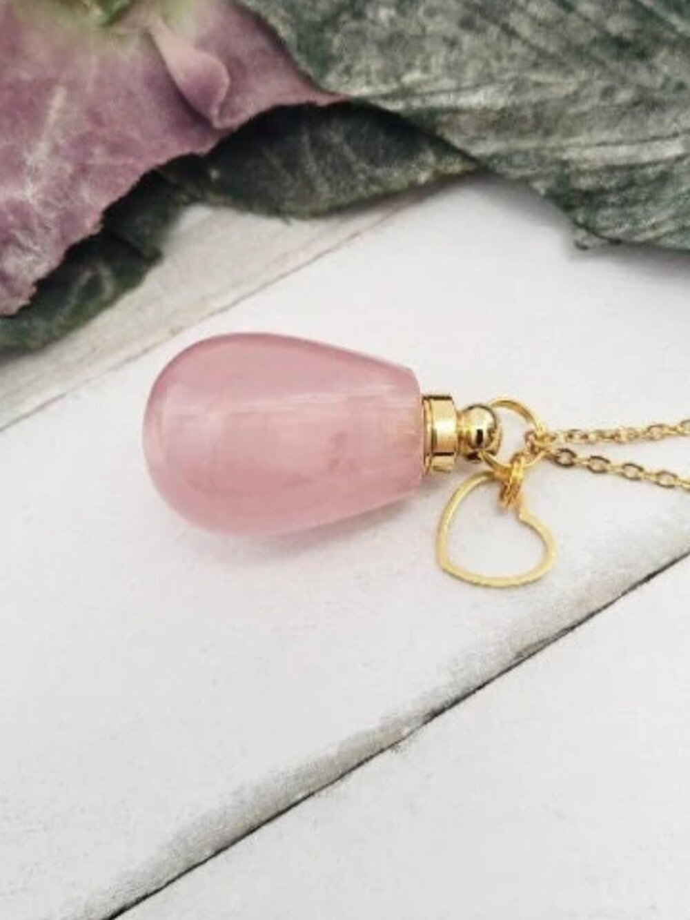 Rose Quartz Crystal Necklace Heart Charm Teardrop Vial Perfume Pendant Gold